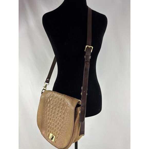 Brahmin Sonny Shoulder Crossbody Flap Bag Tan Croc Embossed Nubuck Leather - Picture 2 of 16